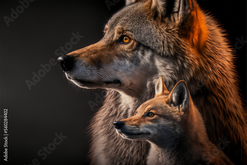 Gray Wolf Mother and Baby Pup, Cute Wolves, Generative AI