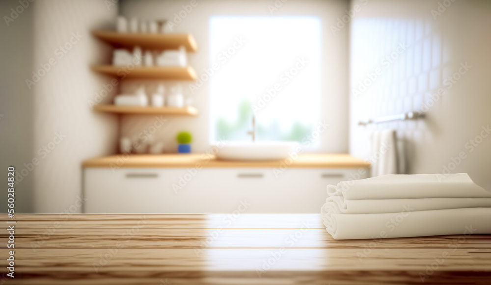 Fototapeta premium Empty wooden table top for product display with blurred bathroom interior background