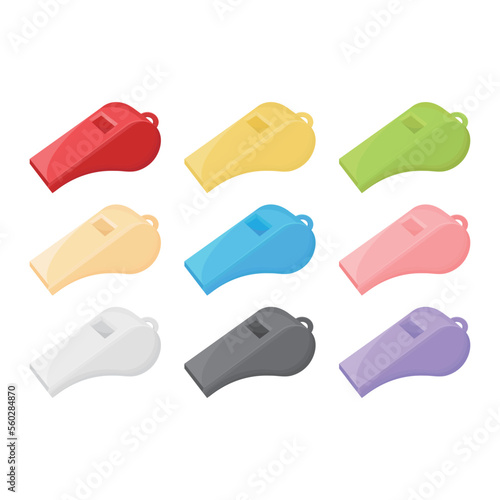 Plastic whistle vector illustration on white background. Whistle for school sports, basketball, football soccer and lifeguard... Colors in yellow, green, pink...Sports equipment vector illustration.