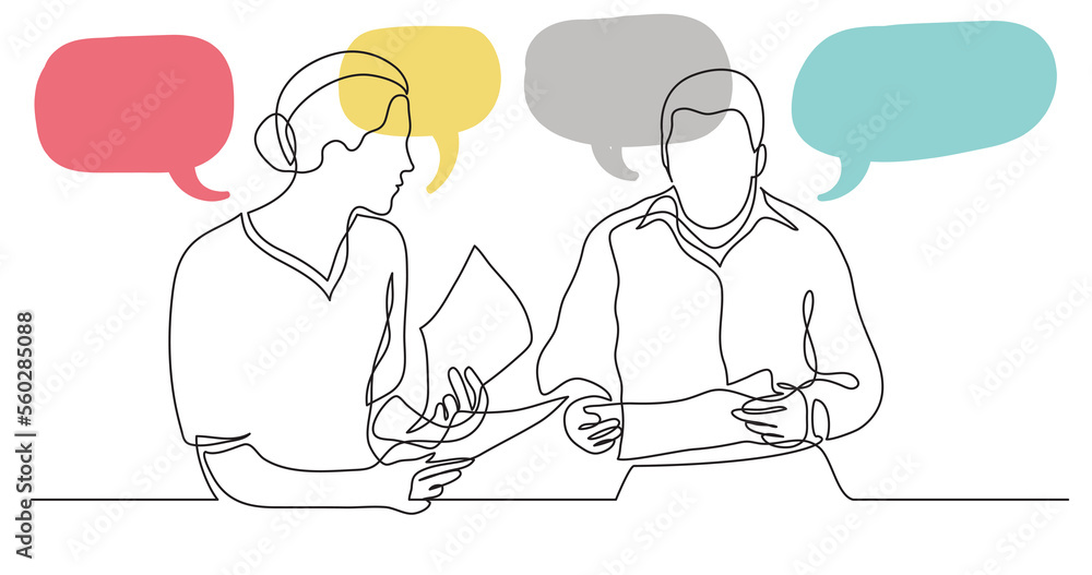 adult man and woman having conversation together with speech bubbles ...