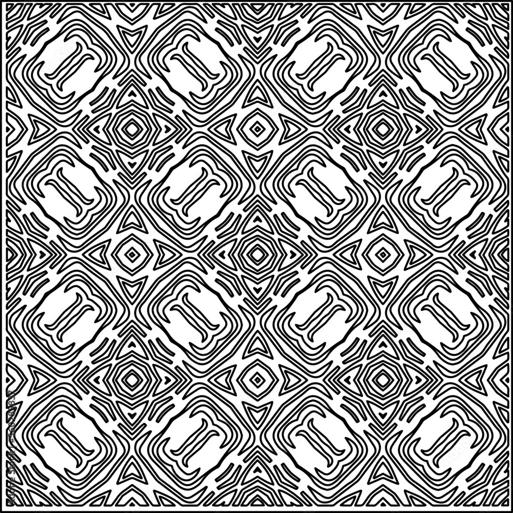 Stylish texture with figures from lines.
Abstract geometric black and white pattern for web page, textures, card, poster, fabric, textile. Monochrome graphic repeating design. 