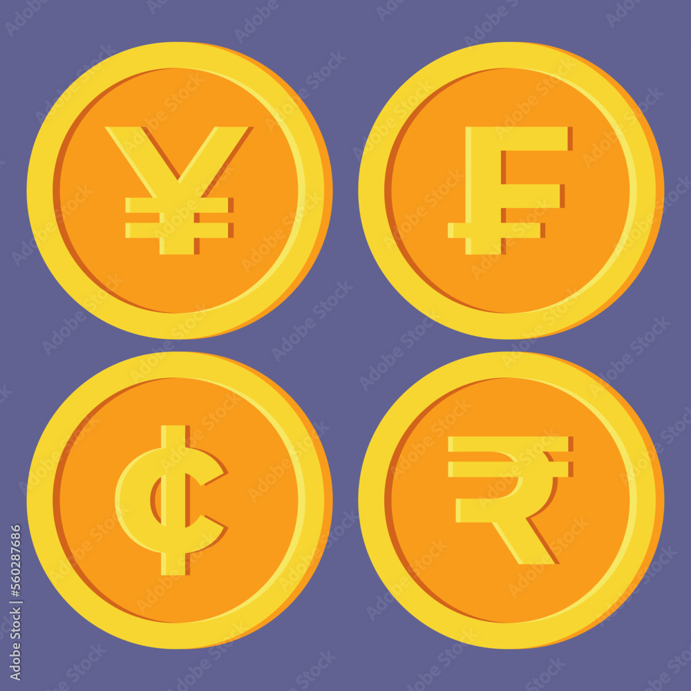 Collection of golden coin icons. Yen, rupee, franc, cent. Currency symbol set. Vector illustration. Collection of golden coin icons. Yen, rupee, franc, cent. Currency symbol set. Vector illustration.