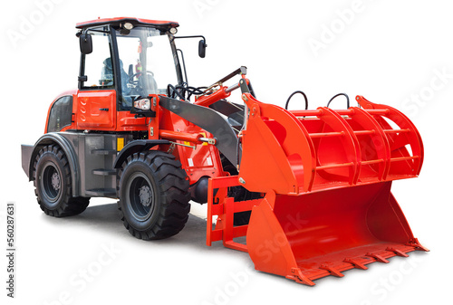 Red excavator with interchangeable attachments over white background
