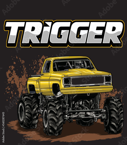 Mega Truck racing splash isolated on black background, for graphic design, screen print, DTG, DTF, poster and business elements.