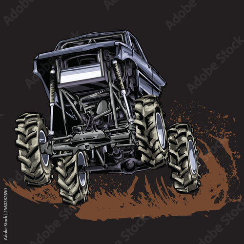 Mega Truck racing splash isolated on black background, for graphic design, screen print, DTG, DTF, poster and business elements.