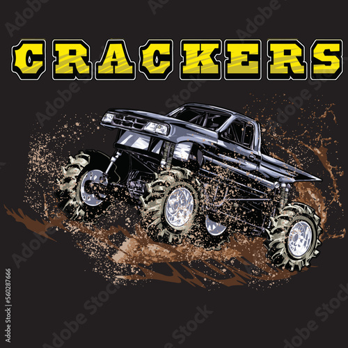 Mega Truck racing splash isolated on black background, for graphic design, screen print, DTG, DTF, poster and business elements.