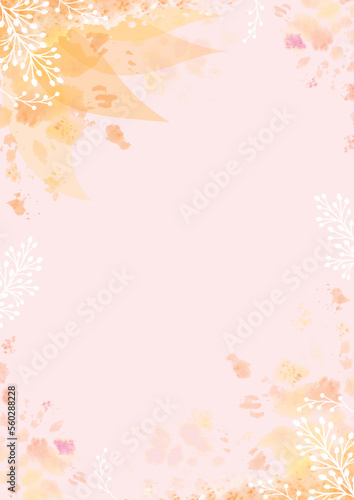 水彩絵の具と植物で彩った春らしい淡いピンクの背景