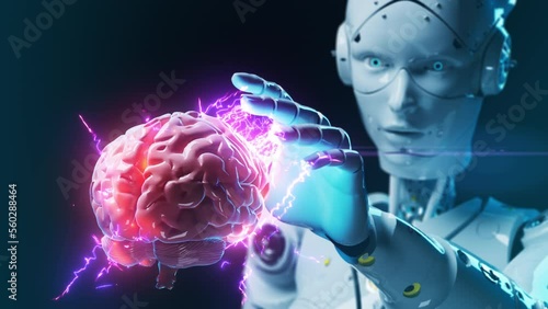 Neural networks and their training with human intelligence. The robot interacts with the brain by means of electrical discharges. the concept of AI technology