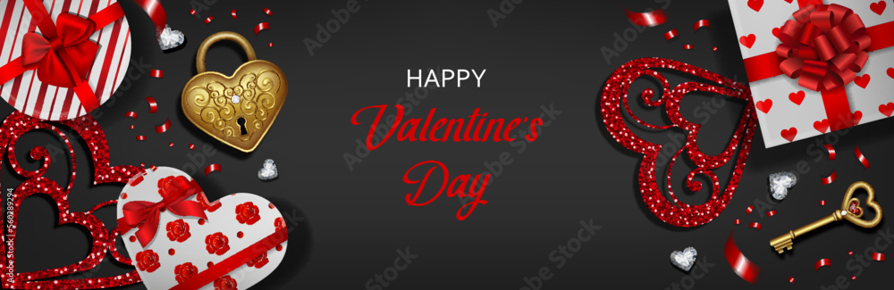 valentine's day banner with gift boxes and heart shaped padlock valentine's day banner with gift boxes and heart shaped padlock
