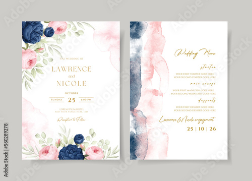 Watercolor wedding invitation template set with navy pink floral and leaves decoration