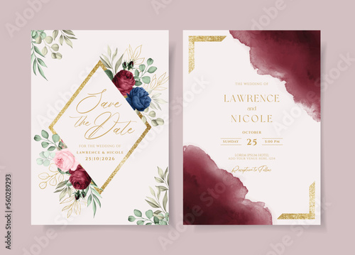 Watercolor wedding invitation template set with navy burgundy floral and leaves decoration