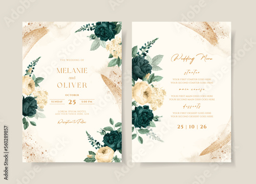 Wedding invitation template set with emerald green floral and leaves decoration
