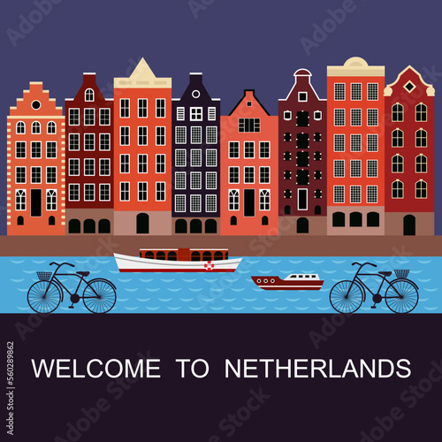 Flat cartoon multicolor colorful historic buildings city town Amsterdam, Holland. Welcome to Netherlands.