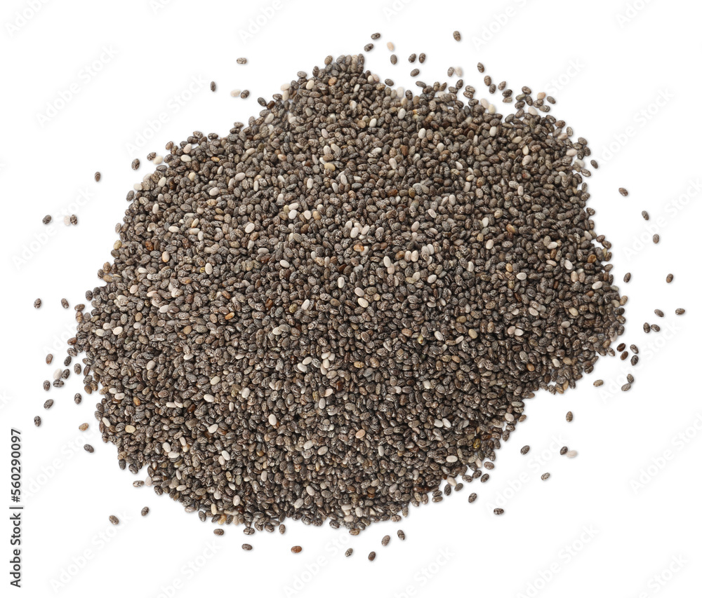 Pile of chia seeds on white background, top view Pile of chia seeds on white background, top view