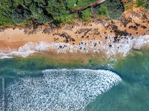Aerial drone view on Mooloolaba beach ocean Mooloolaba Beach travel concept Queensland Australia 
