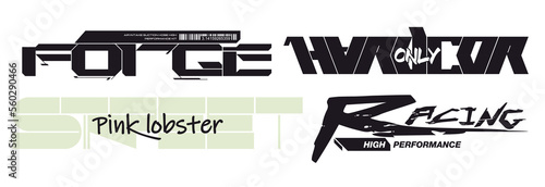 Cyberpunk decals set. Set of vector stickers and labels in futuristic style. Inscriptions Forge, Hardcore Only, Pink Lobster, Street, Racing, High Performance