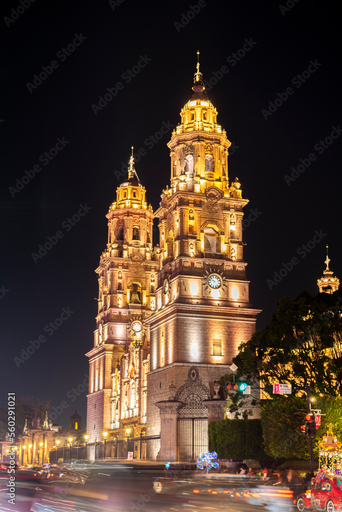 Morelia Cathedral in the state of Michoacan, Mexico at night with the facade illuminated Morelia Cathedral in the state of Michoacan, Mexico at night with the facade illuminated