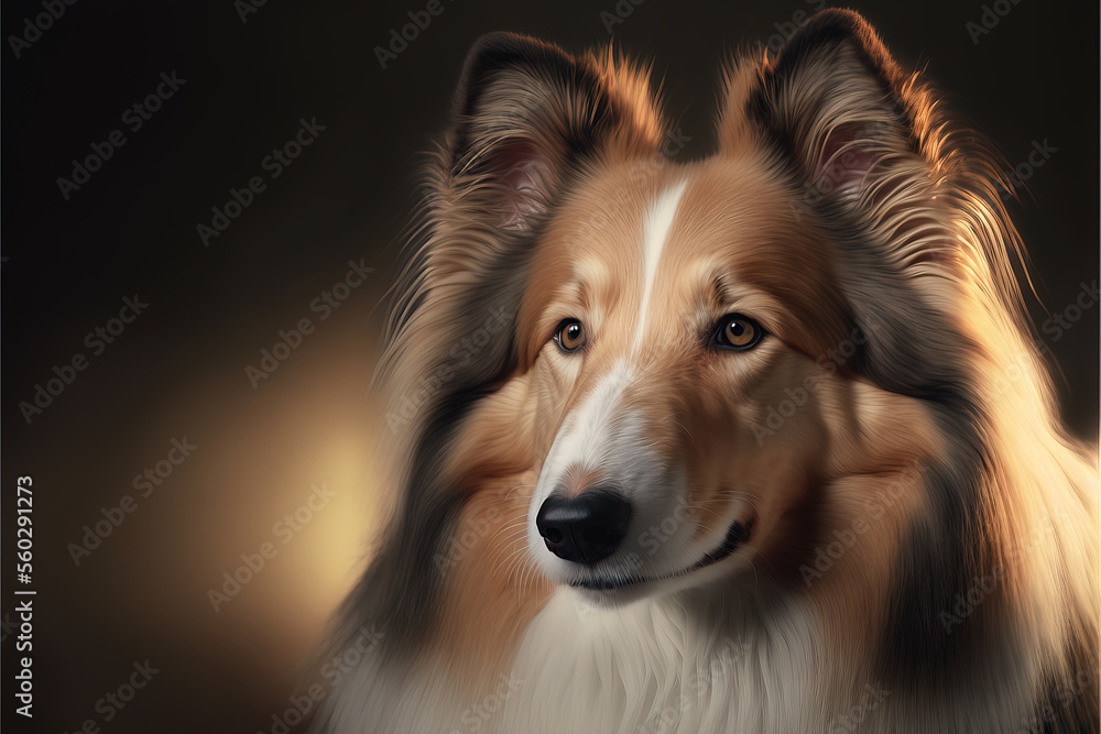 Head portrait image of a very beautiful purebred collie dog with expressive eyes and ears perked up.  This image of the pet was created in a studio environment.  Image was created with digital art.