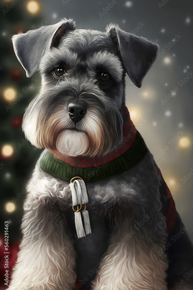 Cute illustration of a Schnauzer prepared for christmas
