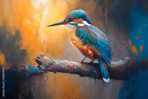 This realistic painting illustration, depicts a hummingbird perched on a branch. The vibrant colors and intricate details make it come to life, giving the viewer a sense of serenity and beauty © Mauro