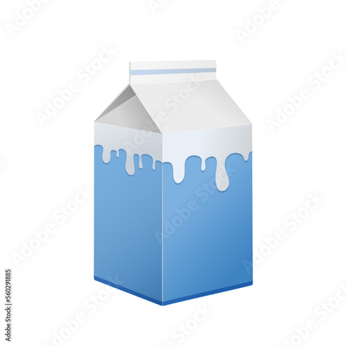 Karton na mleko. Kartonowe opakowanie w niebieskim kolorze z nadrukiem płynącego płynu. Wzór pudełka do wykorzystania w wizualizacji projektu.