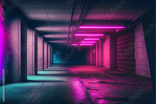 Slika na platnu Neon Lights Grunge Sci Fi Underground Garage Car Room Cement Asphalt Concrete Br