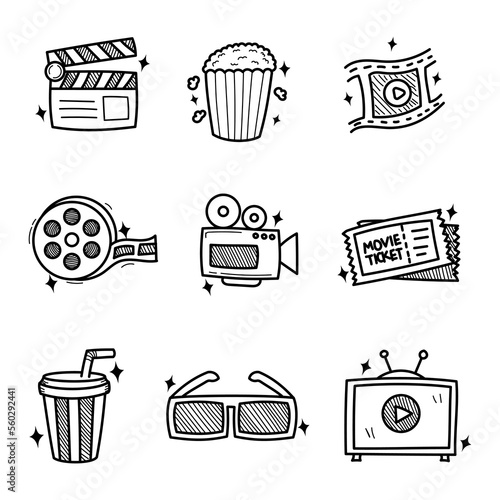 Set of movie doodle illustrations with cute hand-drawn style isolated on white background. Movie doodle icons
