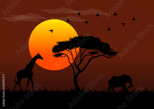 Illustration of African wildlife vectors at sunset