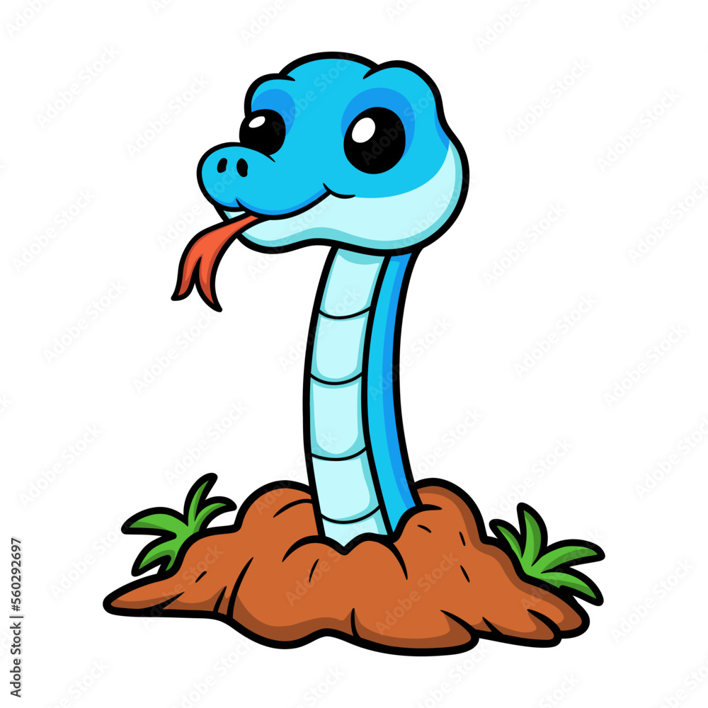 Fototapeta premium Cute blue snake viper cartoon out from hole