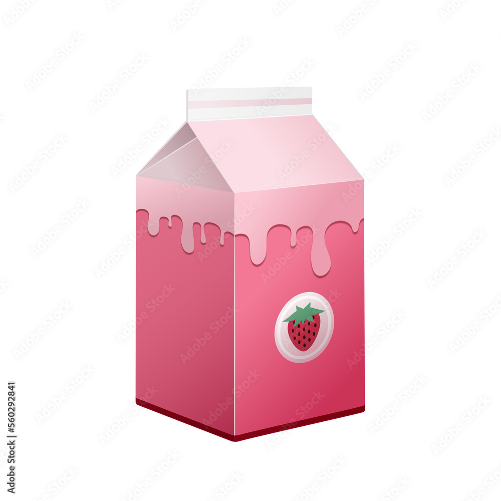 Karton na mleko truskawkowe. Kartonowe opakowanie w różowym kolorze z nadrukiem truskawki. Wzór pudełka do wykorzystania w wizualizacji projektu. - obrazy, fototapety, plakaty 