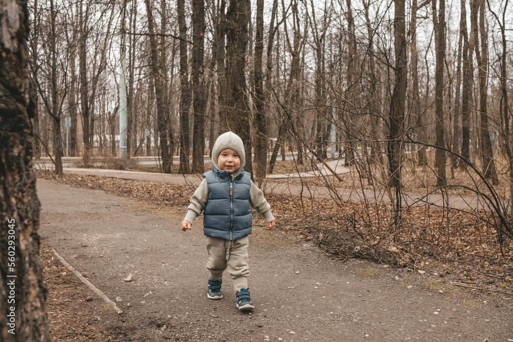 portrait of a child walking along the road in the park in late autumn portrait of a child walking along the road in the park in late autumn