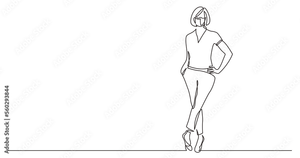 continuous line drawing confident woman posing standing wearing face mask - PNG image with transparent background continuous line drawing confident woman posing standing wearing face mask - PNG image with transparent background