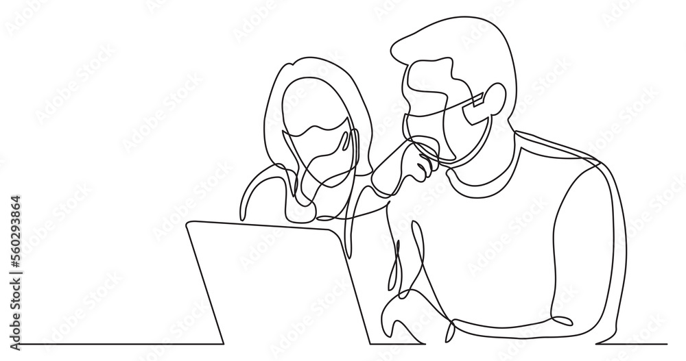 continuous line drawing coworkers watching laptop together wearing face mask - PNG image with transparent background continuous line drawing coworkers watching laptop together wearing face mask - PNG image with transparent background