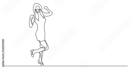 continuous line drawing cheering woman in short dress wearing face mask - PNG image with transparent background
