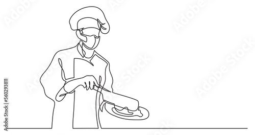 continuous line drawing chef cooking meal wearing face mask - PNG image with transparent background