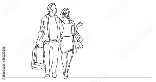 continuous line drawing couple shopping wearing face mask - PNG image with transparent background