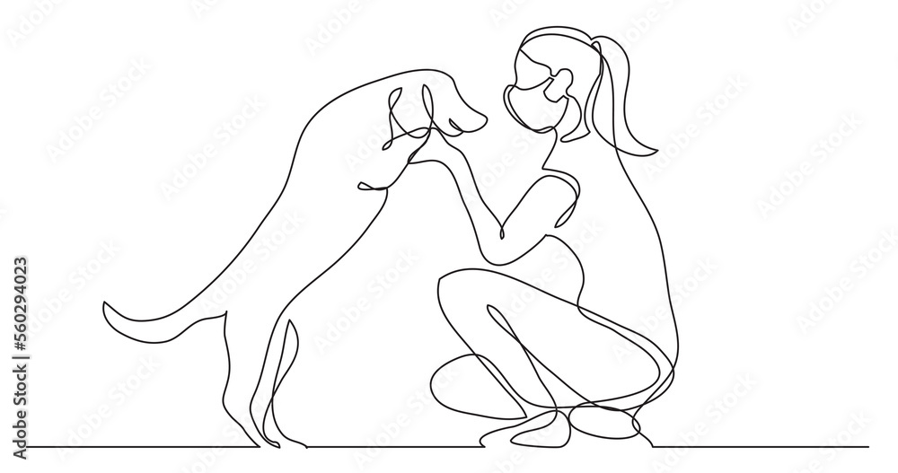 continuous line drawing happy pet lover with dog wearing face mask - PNG image with transparent background continuous line drawing happy pet lover with dog wearing face mask - PNG image with transparent background