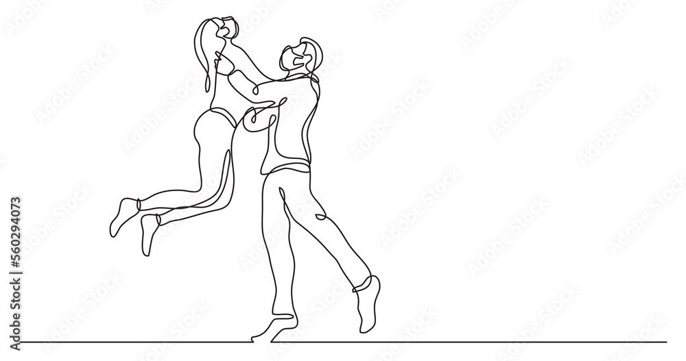 continuous line drawing happy young couple having fun wearing face mask - PNG image with transparent background
