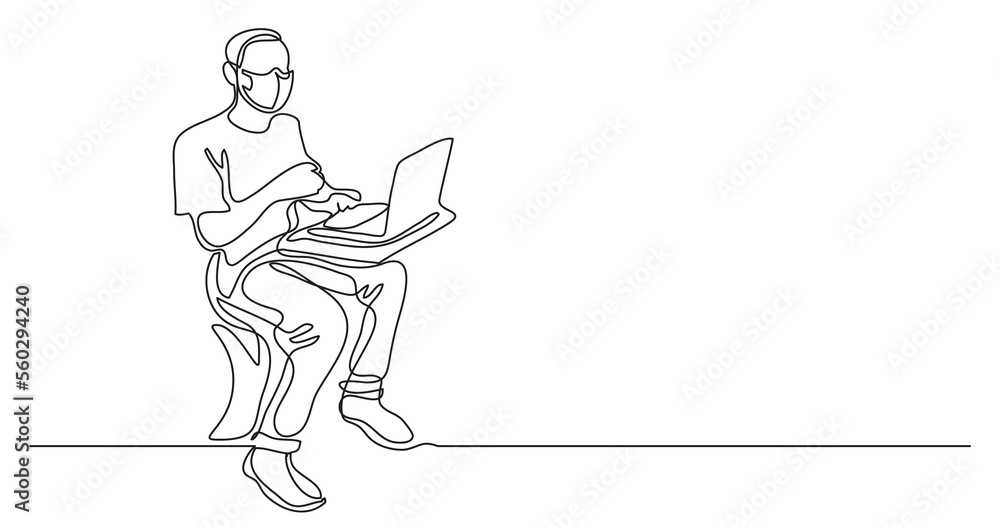 continuous line drawing man sitting working on computer wearing face mask - PNG image with transparent background
