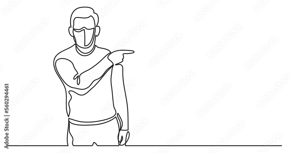 continuous line drawing of man in protective mask pointing finger at copy space - PNG image with transparent background
