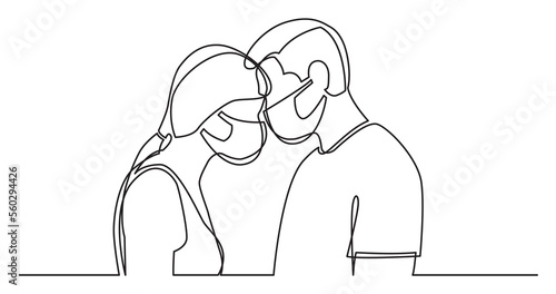 continuous line drawing of loving couple of man and woman in protective masks standing together - PNG image with transparent background
