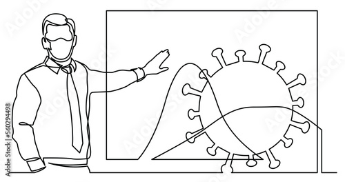 continuous line drawing of presenter in mask showing how to flatten the curve on coronavirus cases - PNG image with transparent background photo