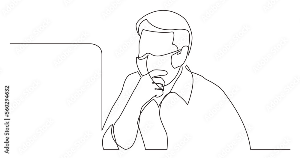 continuous line drawing sitting computer worker focused on work wearing face mask - PNG image with transparent background