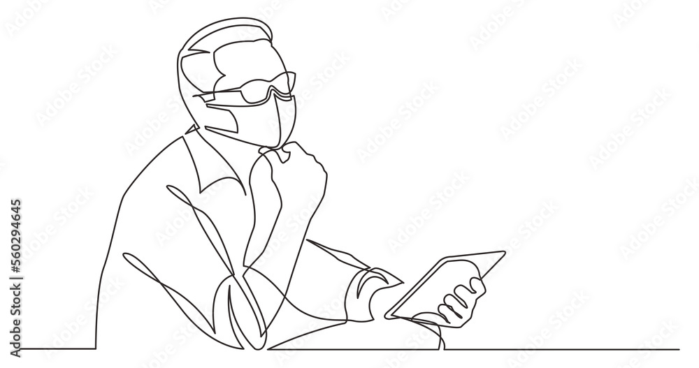 continuous line drawing sitting man planning with tablet wearing face mask - PNG image with transparent background