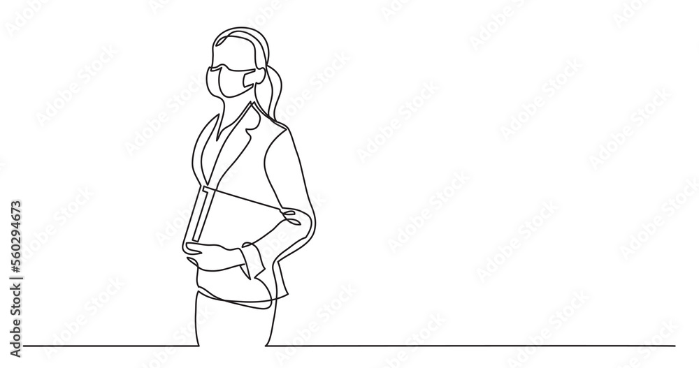 continuous line drawing standing business woman with papers wearing face mask - PNG image with transparent background continuous line drawing standing business woman with papers wearing face mask - PNG image with transparent background