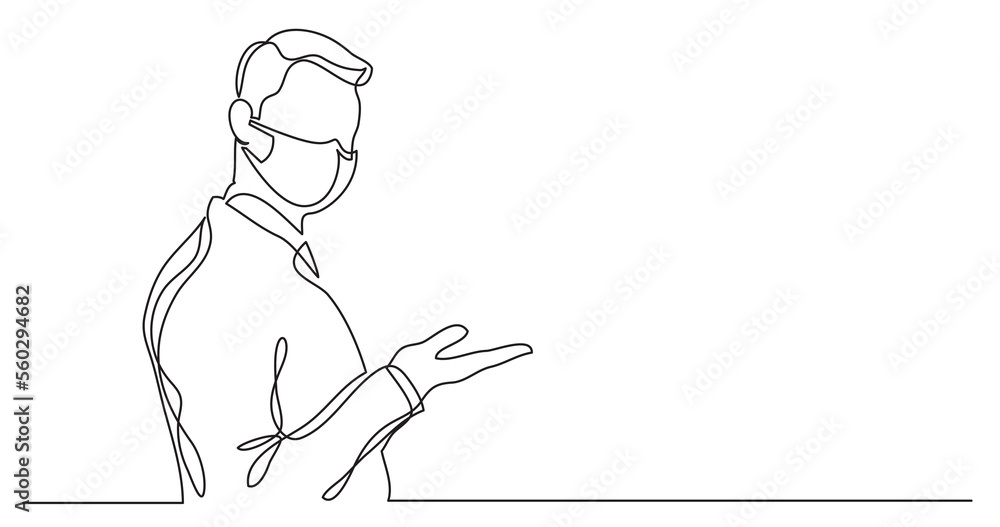 continuous line drawing standing businessman showing something wearing face mask - PNG image with transparent background continuous line drawing standing businessman showing something wearing face mask - PNG image with transparent background