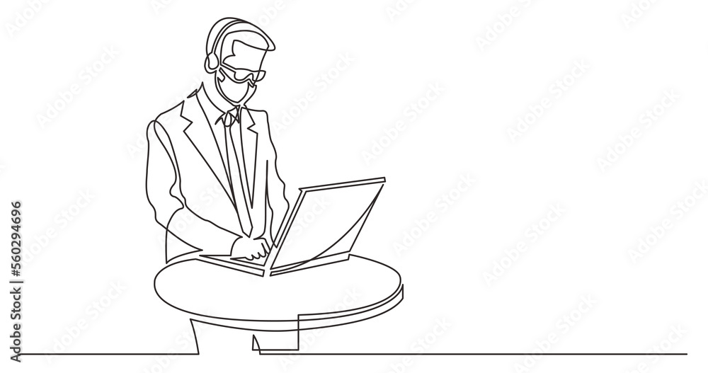 continuous line drawing standing call center worker with laptop computer wearing face mask - PNG image with transparent background