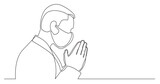 continuous line drawing praying man wearing face mask - PNG image with transparent background