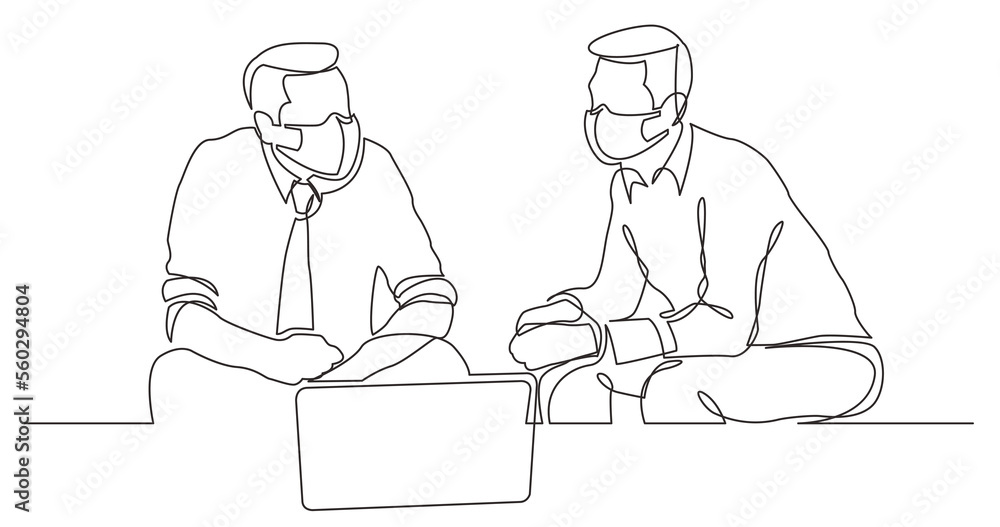continuous line drawing two businessmen sitting talking wearing face mask - PNG image with transparent background