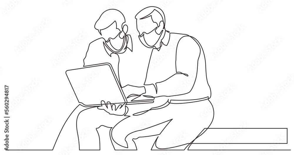 continuous line drawing two employee collaboration process wearing face mask - PNG image with transparent background continuous line drawing two employee collaboration process wearing face mask - PNG image with transparent background